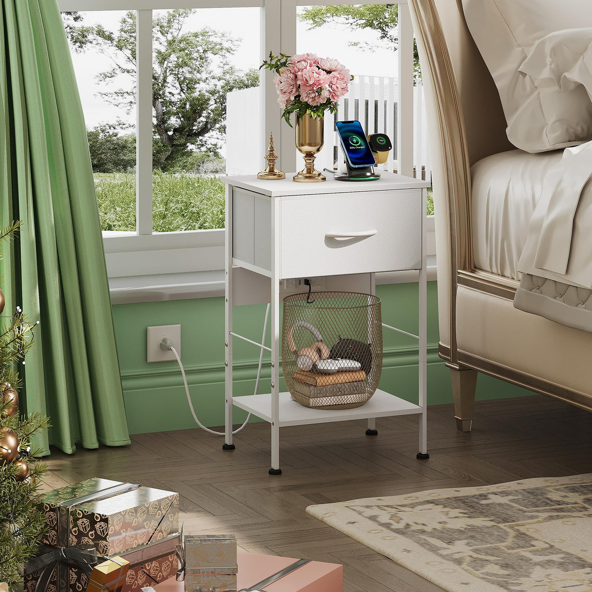 WLIVE Nightstand with Charging Station, 25" H Nightstand with 1 Fabric Drawer and Open Wood Shelf, Bed Side Table for Bedroom, 2-Tier Storage End Table, Small Dresser for Dorm, Entryway, White WLIVE