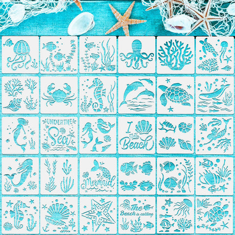 30 Pieces Sea Ocean Creatures Stencils 5 x 5 Inch Ocean Templates for Painting Sea Animal DIY Pattern Templates Mermaid Stencils on Wood for Scrapbooking Drawing Tracing Furniture Wall Crafts Tenare