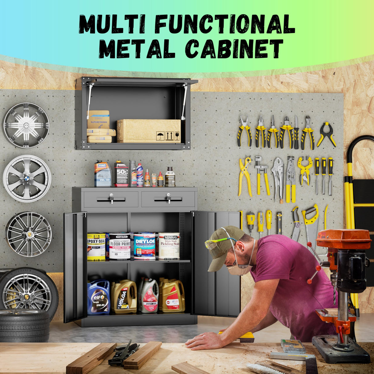 INTERGREAT Metal Storage Cabinet with Drawers, 42" Locking Steel Garage Cabinet with Doors and Adjustable Shelves, Lockable File Cabinets for Garage, School, Home Office, Classroom（Black） INTERGREAT