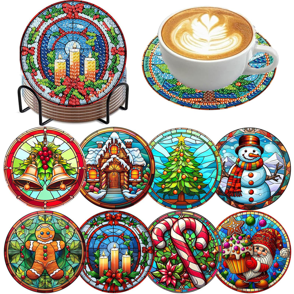 8 Pack Christmas Diamond Art Coasters Kit - Christmas Diamond Painting Coasters Kit Set with Holder Cork Pads, Diamond Art Kits for Adults Coaster, Gift for Handmade Lovers Non-Slip 3.9inch ajepon