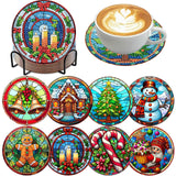 8 Pack Christmas Diamond Art Coasters Kit - Christmas Diamond Painting Coasters Kit Set with Holder Cork Pads, Diamond Art Kits for Adults Coaster, Gift for Handmade Lovers Non-Slip 3.9inch ajepon