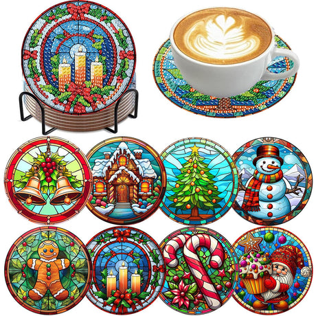8 Pack Christmas Diamond Art Coasters Kit - Christmas Diamond Painting Coasters Kit Set with Holder Cork Pads, Diamond Art Kits for Adults Coaster, Gift for Handmade Lovers Non-Slip 3.9inch ajepon