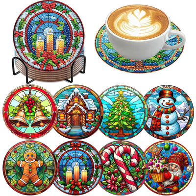 8 Pack Christmas Diamond Art Coasters Kit - Christmas Diamond Painting Coasters Kit Set with Holder Cork Pads, Diamond Art Kits for Adults Coaster, Gift for Handmade Lovers Non-Slip 3.9inch