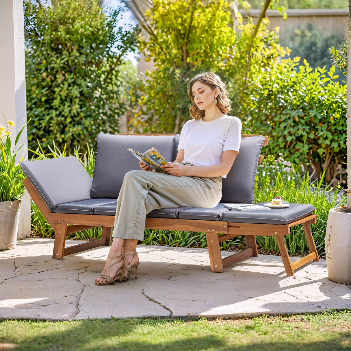 Greesum Patio Convertible Couch Sofa Bed with Adjustable Armrest, Acacia Wood Outdoor Daybed with Cushion & Pillow, Folding Chaise Lounge Bench for Porch Courtyard Poolside，Gray Greesum