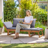 Greesum Patio Convertible Couch Sofa Bed with Adjustable Armrest, Acacia Wood Outdoor Daybed with Cushion & Pillow, Folding Chaise Lounge Bench for Porch Courtyard Poolside，Gray Greesum