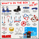 Heroz Obstacle Course for Kids - Ninja Warrior Obstacle Course for Kids Outdoor Play Equipment 65ft Double Slackline, Monkey Bars, Wheel, Climbing Rope - Jungle Gym Ninja Course for Kids Outside HEROZ