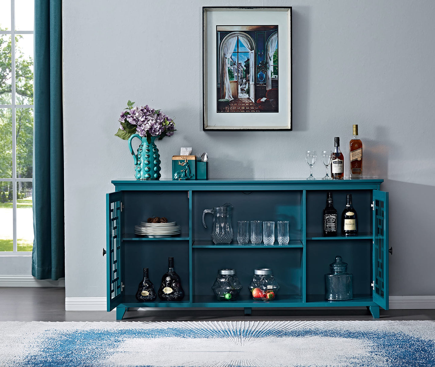 Daxue 60”W Blue Console Table Sofa Table Wood Sideboard with Adjustable Shelves and Doors, Accent Table for Entryway Living Room Hallway Kitchen Storage Cabinets, TV Stand for 75 inch tv, Teal Finish