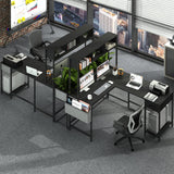 Yoobure L Shaped Desk Gaming Desk with LED Strip & Power Outlet, Reversible L-Shaped Computer Desk with Drawer, Corner Desk with Storage Shelf, 2 Person Home Office Desk, Carbon Fiber Black Yoobure