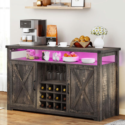YITAHOME Farmhouse Coffee Bar Cabinet with LED Lights, 55" Sideboard Buffet Table w/Door & Wine and Glasses Rack, Home Liquor Bar w/Storage Shelves for Dining Room, Living Room, Dark Rustic Oak