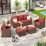 VONZOY Patio Furniture Set, 5 Pieces Outdoor Sectional Couch with Chairs, Ottomans and Thick Cushions, All Weather Wicker Rattan Patio Conversation Set, Wine Red VONZOY