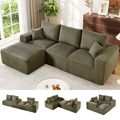 WESTSETLUX 108” Cloud Sectional Sofa Couch with High-Seat, Corduroy Modular Sofa with Oversized Chaise, High-Back Modern L-Shaped Couches for Living Room, No Assembly Required (Green) WESTSETLUX