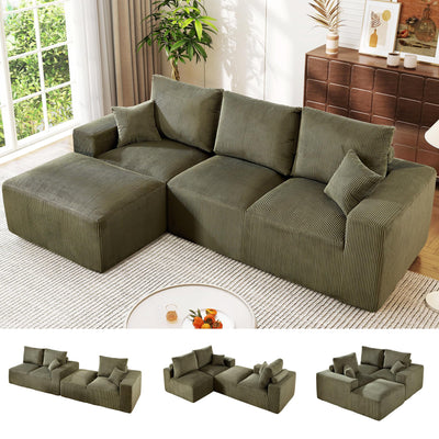 WESTSETLUX 108” Cloud Sectional Sofa Couch with High-Seat, Corduroy Modular Sofa with Oversized Chaise, High-Back Modern L-Shaped Couches for Living Room, No Assembly Required (Green)