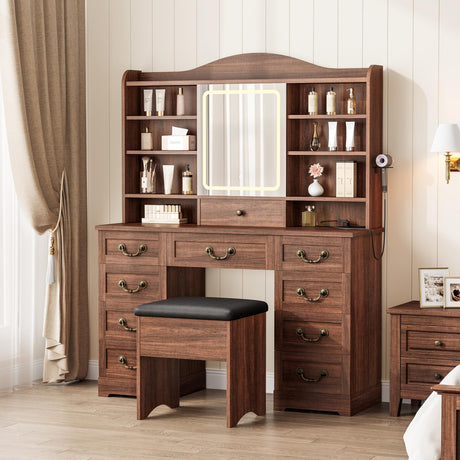 IDEALHOUSE Farmhouse Makeup Vanity Desk with Chair, Vanity Table with Mirror and Lights, 10 Drawers and 8 Storage Shelves, 3 Colors LED Light Makeup Desk with Power Outlet for Bedroom Powder Room IDEALHOUSE