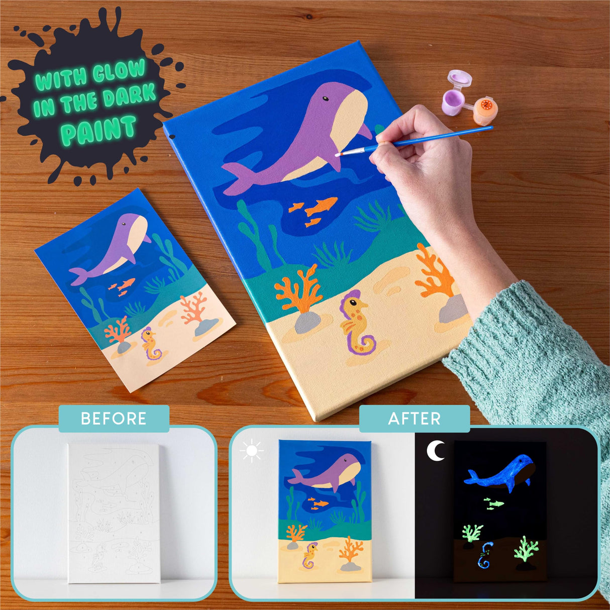 BONNYCO Paint by Numbers Kit for Kids Sea Animals Pack 3 Canvas Paint by Number Canvas Framed, Ocean Gifts for Kids, Arts and Crafts 4-6 8-12 Pintar por Numeros Pre Drawn Painting Under Sea Crafts BONNYCO