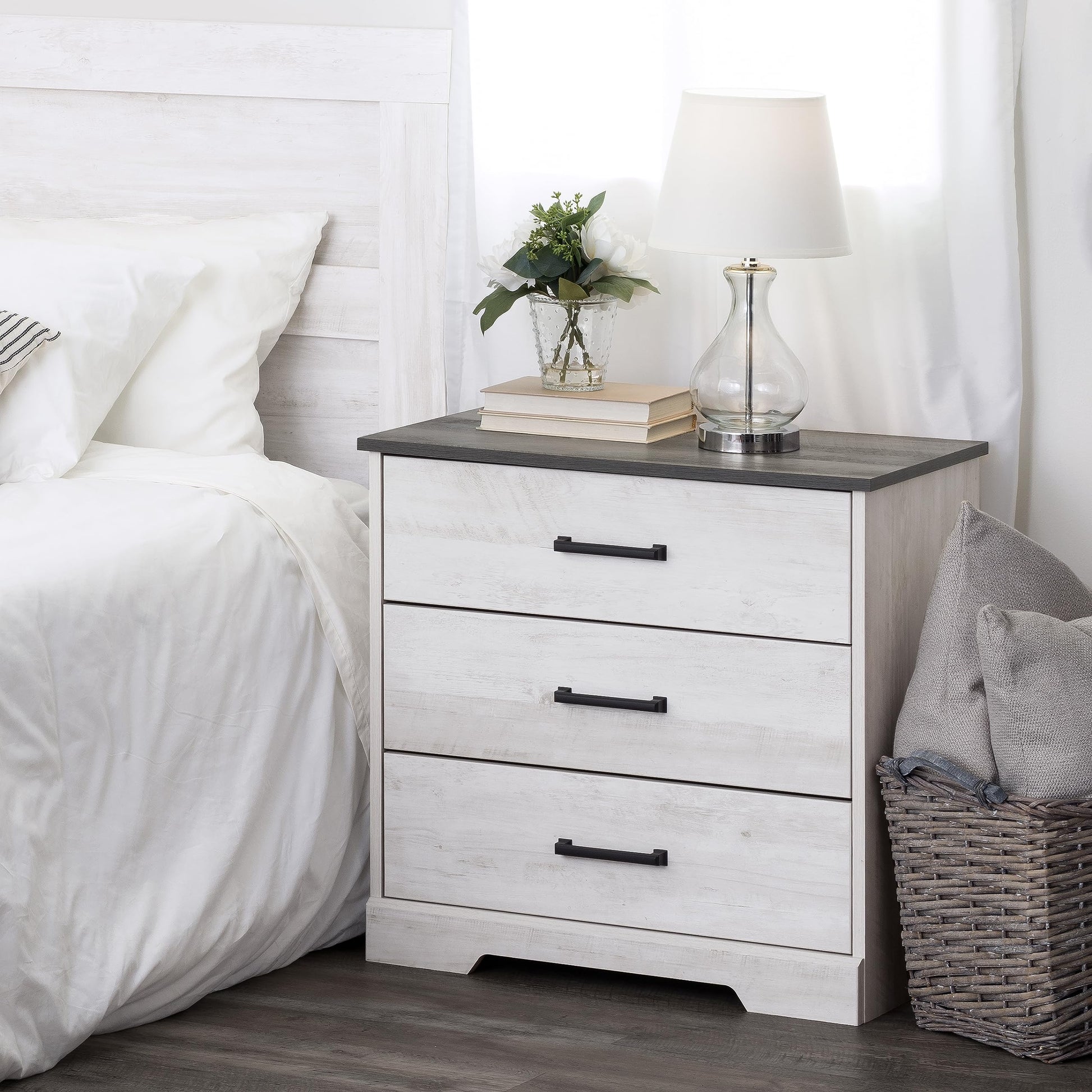 Prepac Rustic Ridge Farmhouse 3-Drawer Nightstand, Washed White, ADNR-1603-1 - WoodArtSupply