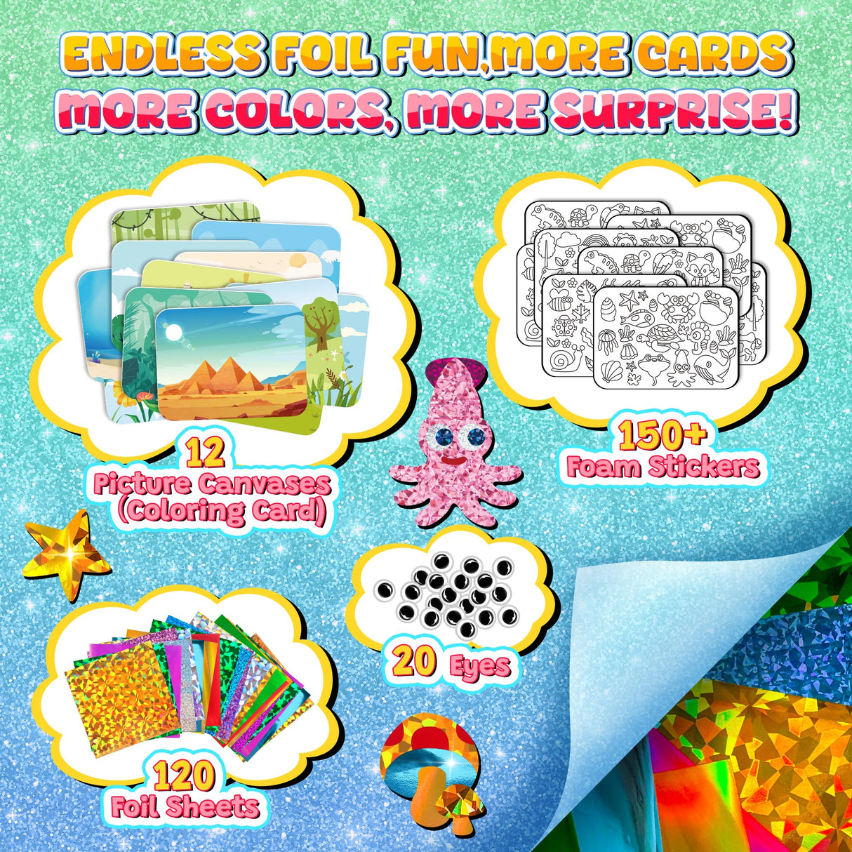 sinceroduct Foil Art Kit for Kids, Foils Arts and Crafts for Kids Age 4-8,Travel Toys Supplies,Foil-Foam Stickers,Birthday Gifts for Boys & Girls,Mess Free Coloring Card Set. sinceroduct