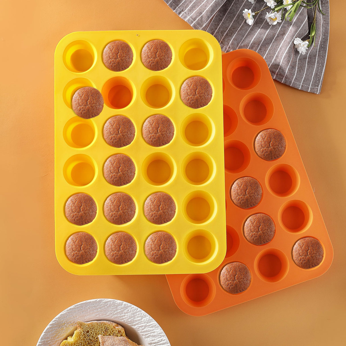 2PCS Silicone Mini Muffin Cupcake Pan, Kaloo Nonstick 24 Cups Silicone Muffin Pans for Baking, Great for Muffin, Cakes, Tart, Bread, Dishwasher Safe (Stylish Orange + Yellow, 24 Cups Each) KL KALOO