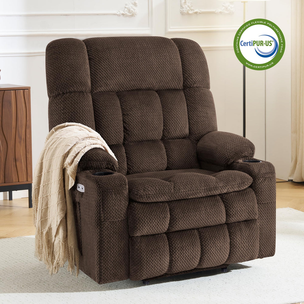 MCombo Oversized Power Lift Recliner Chair for Elderly, Dual Motor Lift Chair with Heat and Massage, Lay Flat Lift Chair for Big and Tall, Cup Holders, Fabric R7891 (Oversize, Mocha) MCombo