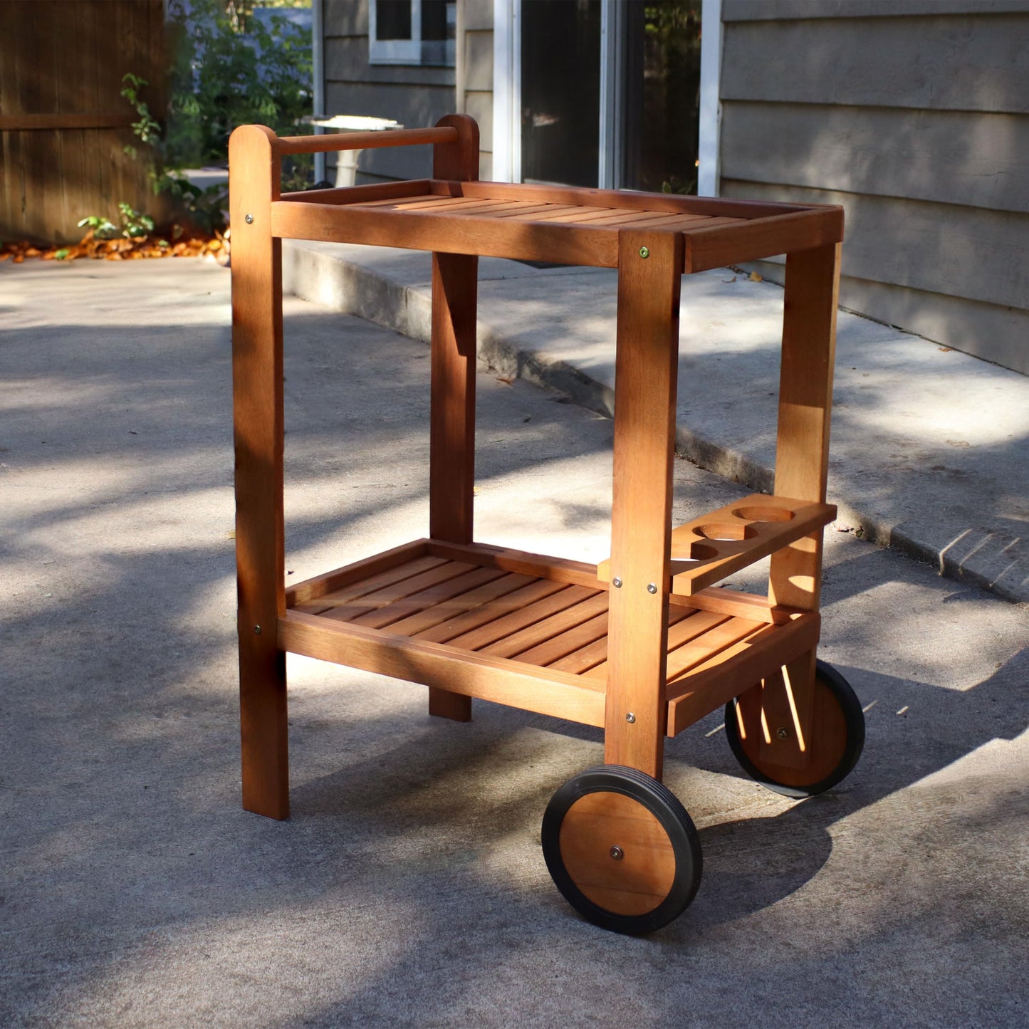 Sunnydaze Indoor/Outdoor Wood Bar Cart with Wheels - Malaysian Hardwood with Teak Oil Finish - 27.5" Wide x 35.5" High - WoodArtSupply