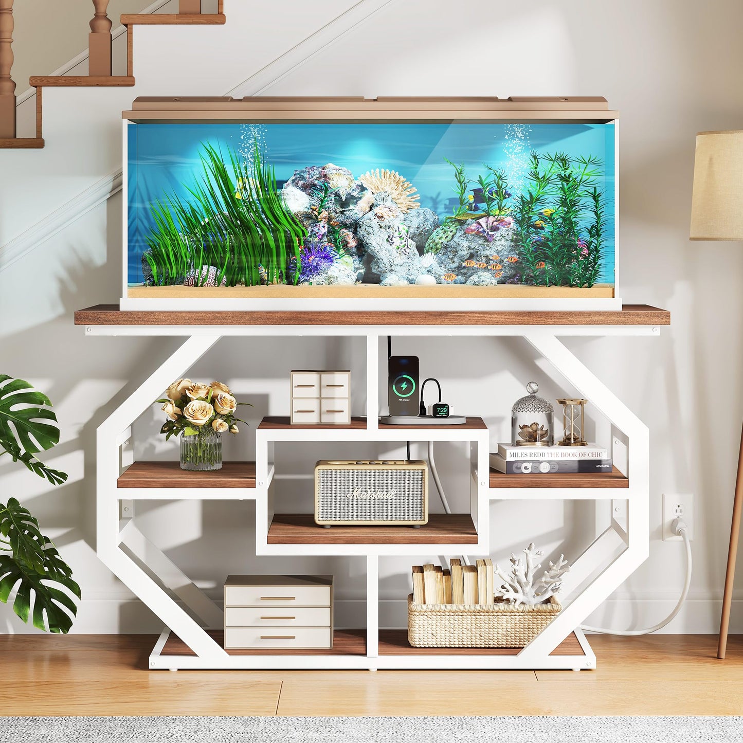 DWVO 55-75 Gallon Aquarium Stand with Power Outlet, Display Stand for Turtle Tank, Reptile Terrarium, Metal Fish Tank Stand Suitable for Living Room, Entryway, 860LBS Capacity, White & Walnut - WoodArtSupply