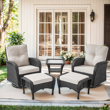 Artfurniz Outdoor Swivel Glider Rocker Chairs Set- 5 Piece Patio Furniture Set, Patio Bistro Sets with Tempered Glass Side Table and 2 Ottoman, for Balcony, Porch - Black Wicker Beige Cushion Artfurniz