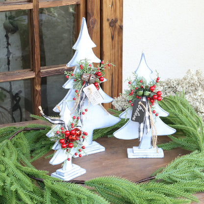 Set of 3 Wooden Christmas Tree Decor with Jute Jingle, Farmhouse Festive Decorations for Home, Christmas Table Decor with Rectangular Base (White)