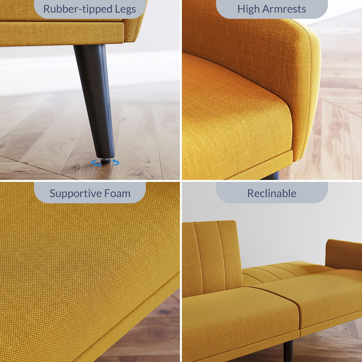 BELLEZE Adjustable Folding Sofa Bed, Upholstered Modern Convertible Futon, Sleeper Sofa for Living Room, Guest Room, Garage - Melrose (Yellow) BELLEZE