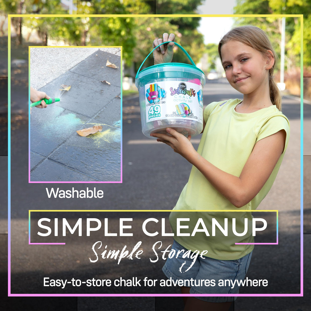 Loddie Doddie 49pc Sidewalk Chalk Bucket – Outdoor Activity Play Set for Kids, 31 Assorted Chalk Sticks, 4 Holders, 10 Ball Refills, 4 Stencils, Outdoor Water Play, Washable, Reusable Bucket Loddie Doddie