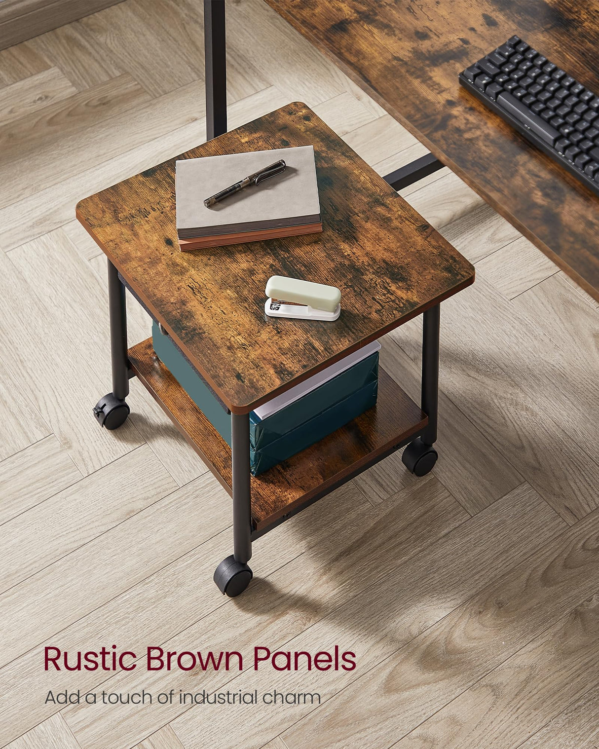 VASAGLE Printer Stand, Under Desk Printer Stand with Wheels, Drawer with Divider, Bottom Shelf, Fits Inkjet, Laser, Photo, All-in-One Printers, Home Office, Rustic Brown and Ink Black UOPS004B01 VASAGLE