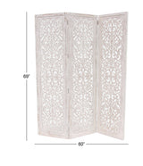 Deco 79 Wooden Floral Handmade Partition Room Divider Screen Hinged Foldable Partition 3 Panel Privacy Screen with Intricate Carved Design, Room Partition 60" x 1" x 69", White Deco 79