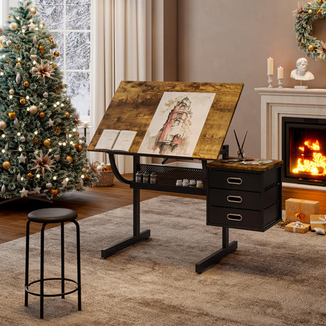 Drafting Table, Drawing Desk for Artists Adults Architect, Art Desk with Stool and 3 Non-Woven Storage Drawers, Height Adjustable Tilted Tabletop, Painting Studio Design Work Station, Rustic Brown TehRecBT