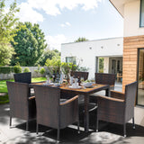 Shintenchi 7 Piece Patio Dining Set, Wicker Patio Conversation Set with Wooden Table Top, Outdoor Table and Chairs with Soft Cushions for Backyard, Deck and Garden, Brown Rattan Shintenchi