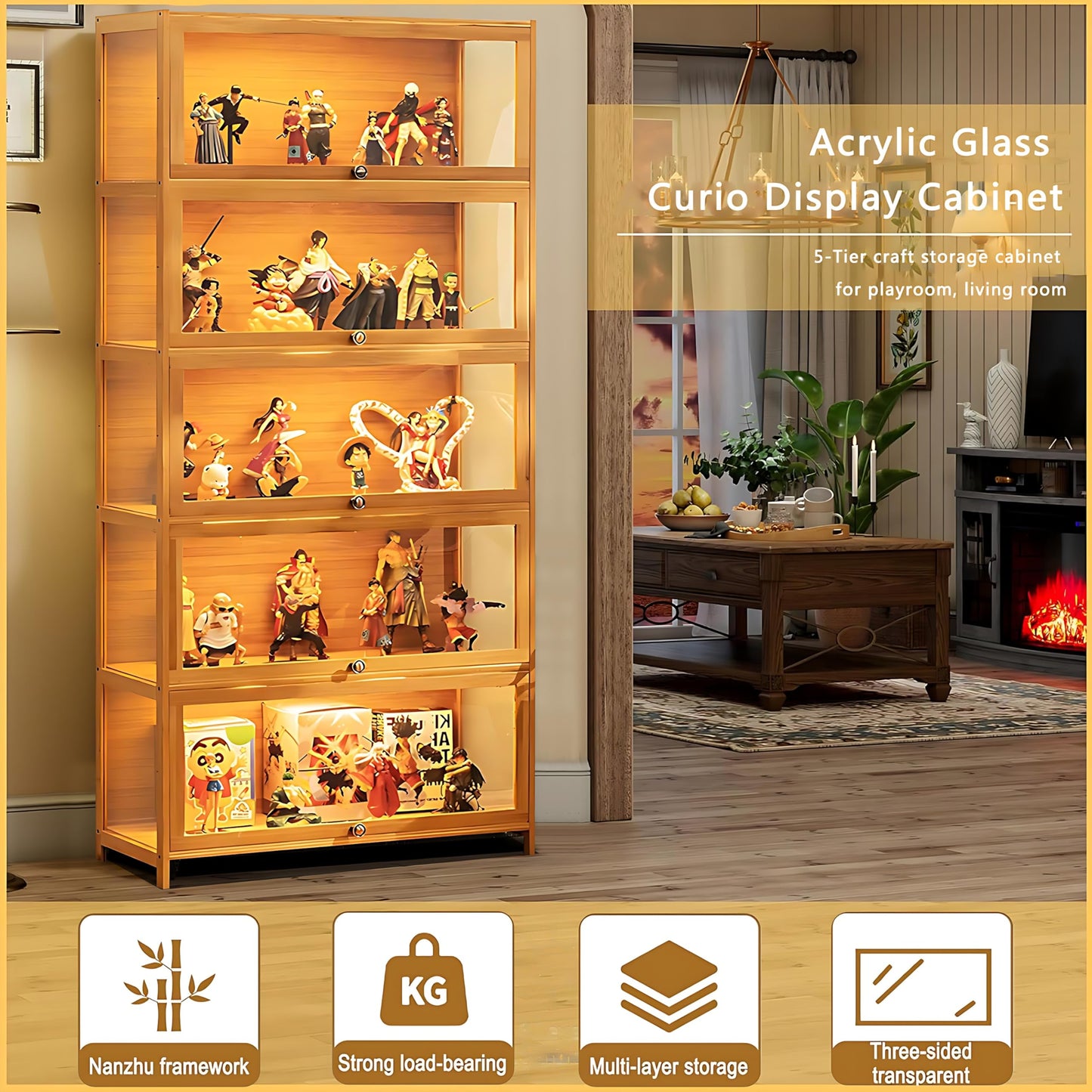 HAOWANJP Curio Display Cabinet 5-Tier Storage Shelves with Acrylic Door, Collectibles Toy Organizers Rack & Display Shelf, Kids Bookshelf and Bookcase for Playroom, Bedroom (Brown-Flip)