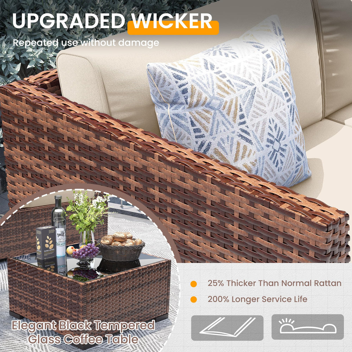 UDPATIO Patio Furniture Set with 44'' Fire Pit Table,Modular Outdoor Furniture Sets,Slanted Back Outdoor Sectional Conversation Set PE Rattan Sofa for Backyard W/Coffee Table,4'' Cushions,8 PCS,Khaki UDPATIO