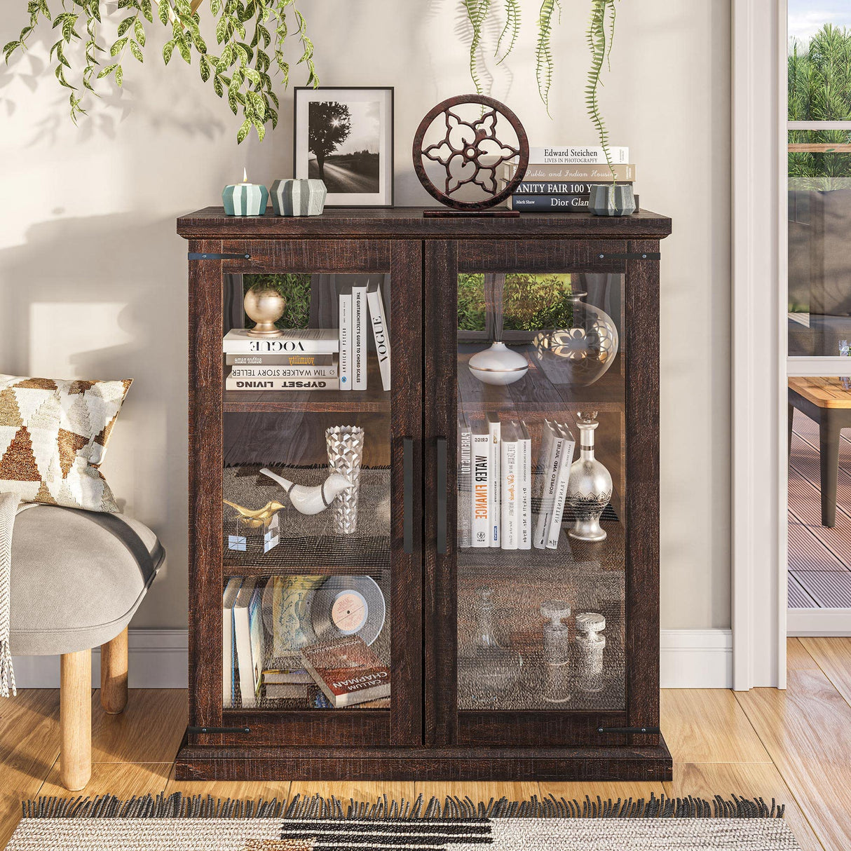 BELLEZE 014-HG-41009-CB-ESP Storage Shelves Doors Glass Display Pantry Organizer 3 Tiers Curio Hutch Cabinet for Entryway Living Room Hallway Kitchen-Ashford (Espresso) BELLEZE