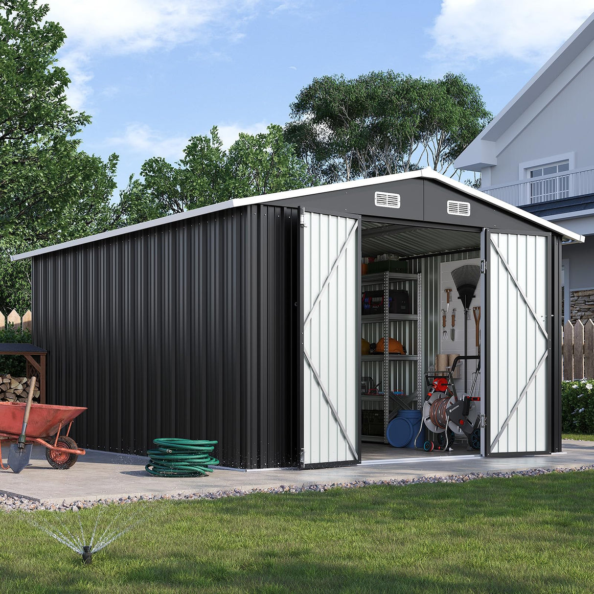 Breezestival 10x12FT Outdoor Storage Shed, Metal Garden Shed with Lockable Double Doors & Sloping Roof, Weather-Resistant Tool Shed for Backyard, Patio, Poolside Black Breezestival
