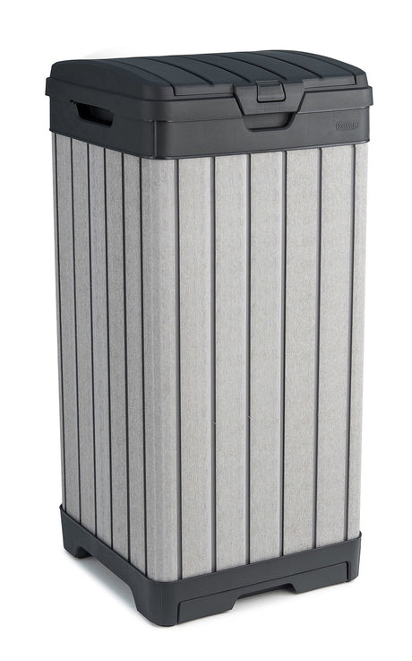 Keter Rockford Resin 38 Gallon Outdoor Kitchen Trash Can with Lid and Drip Tray for Easy Cleaning-Perfect for Patio Dining, Grey Keter