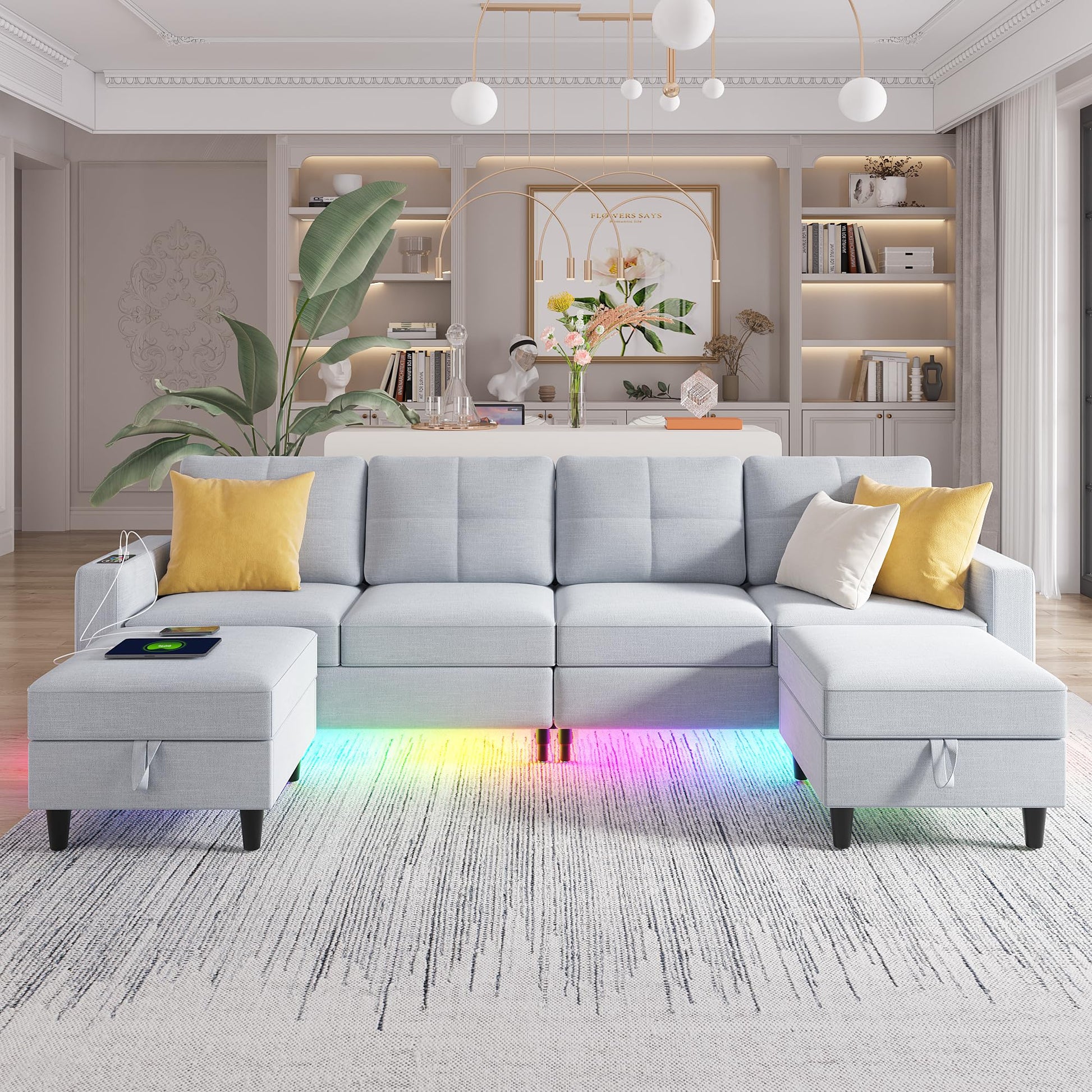 SKKTKT LED Sectional Couches for Living Room, Modular Sectional Sofa Set with Storage Ottomans, Oversized U Shaped Sofa Couch with Auto Sensor RGB Lights and Charging Station (Light Grey) - WoodArtSupply