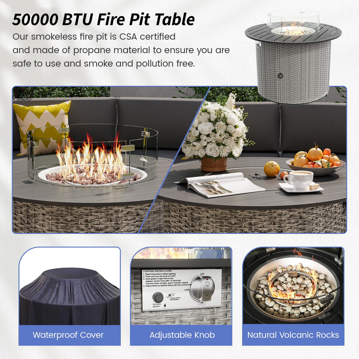 VONZOY Patio Sectional Furniture Outdoor 12-Piece Grey Rattan Curved Sofa Set with Fire Pit Table,Storage Table,Pillows,Fit for Pool Backyard Balcony Porch Lawn (Grey) VONZOY