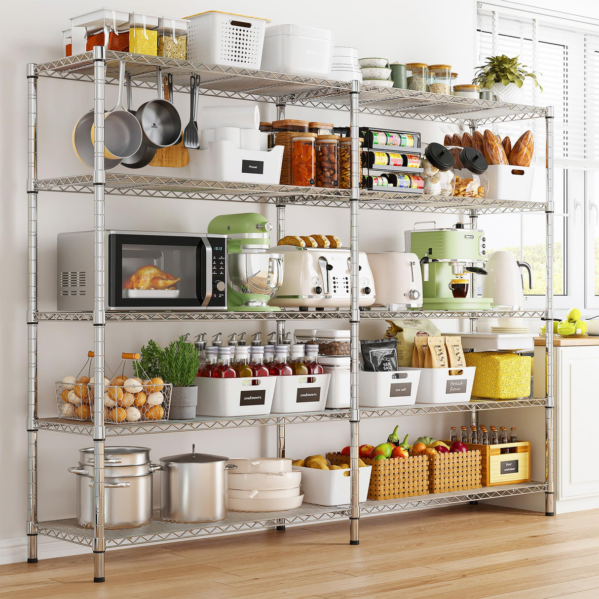 REIBII 58" W Storage Shelves Wire Shelving Load 1400LB Metal Shelves for Storage 5 Tier Heavy Duty Shelving Unit with Shelf Adjustable Garage Shelving Rack Pantry Kitchen 58" W x 59" H x 13.8" D REIBII