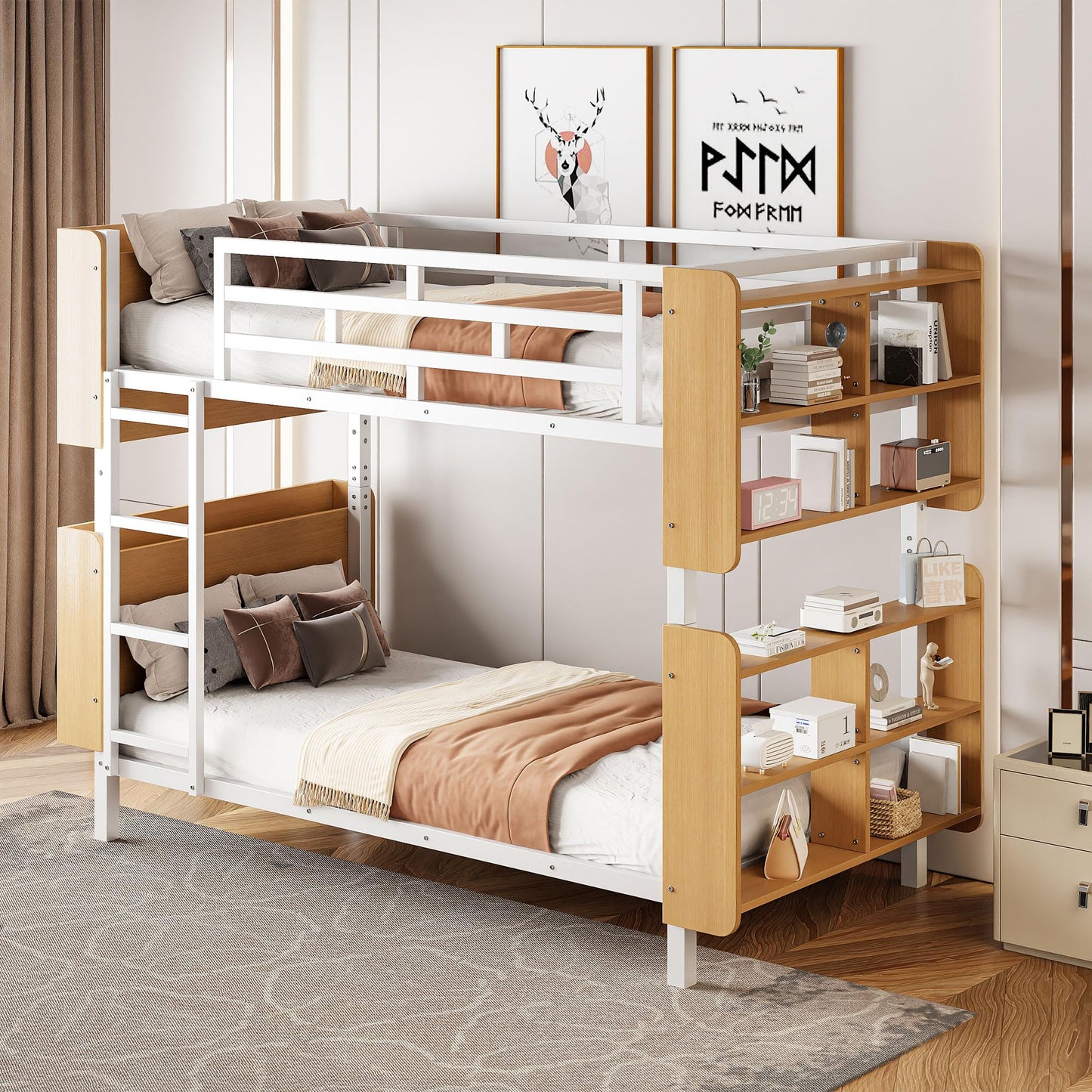 Harper & Bright Designs Twin Over Twin Bunk Bed with Storage, Metal Bunk Bed Frame with Bookshelves and Full-Length Guardrail, for Kids Teens Adults - White