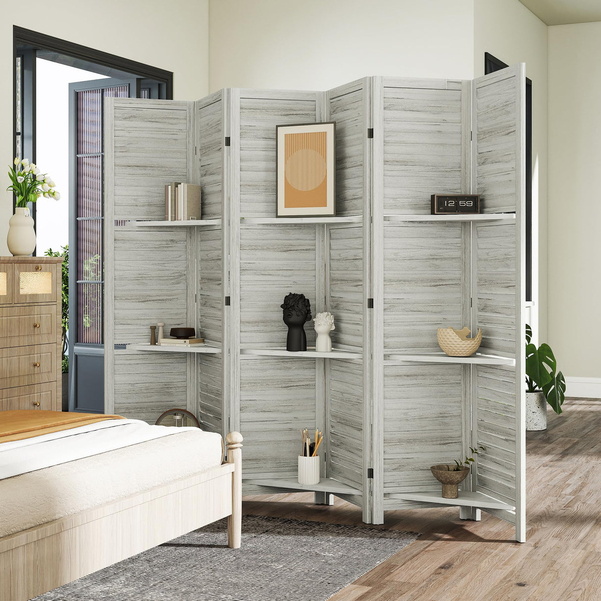 HOMCOM Room Divider, 6 Panel 67" Tall Wood Privacy Screen with 3 Display Shelves, and Folding Storage for Bedroom or Home Office, Distressed White HOMCOM