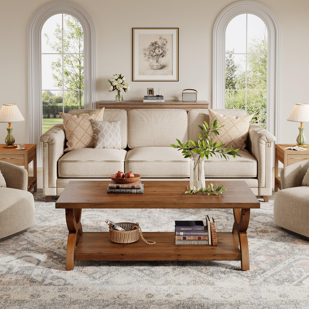 TRIBEWOOD Solid Wood Coffee Tables for Living Room, 47.2-Inch Farmhouse Rectangle Center Tea Table with Storage Shelf TRIBEWOOD