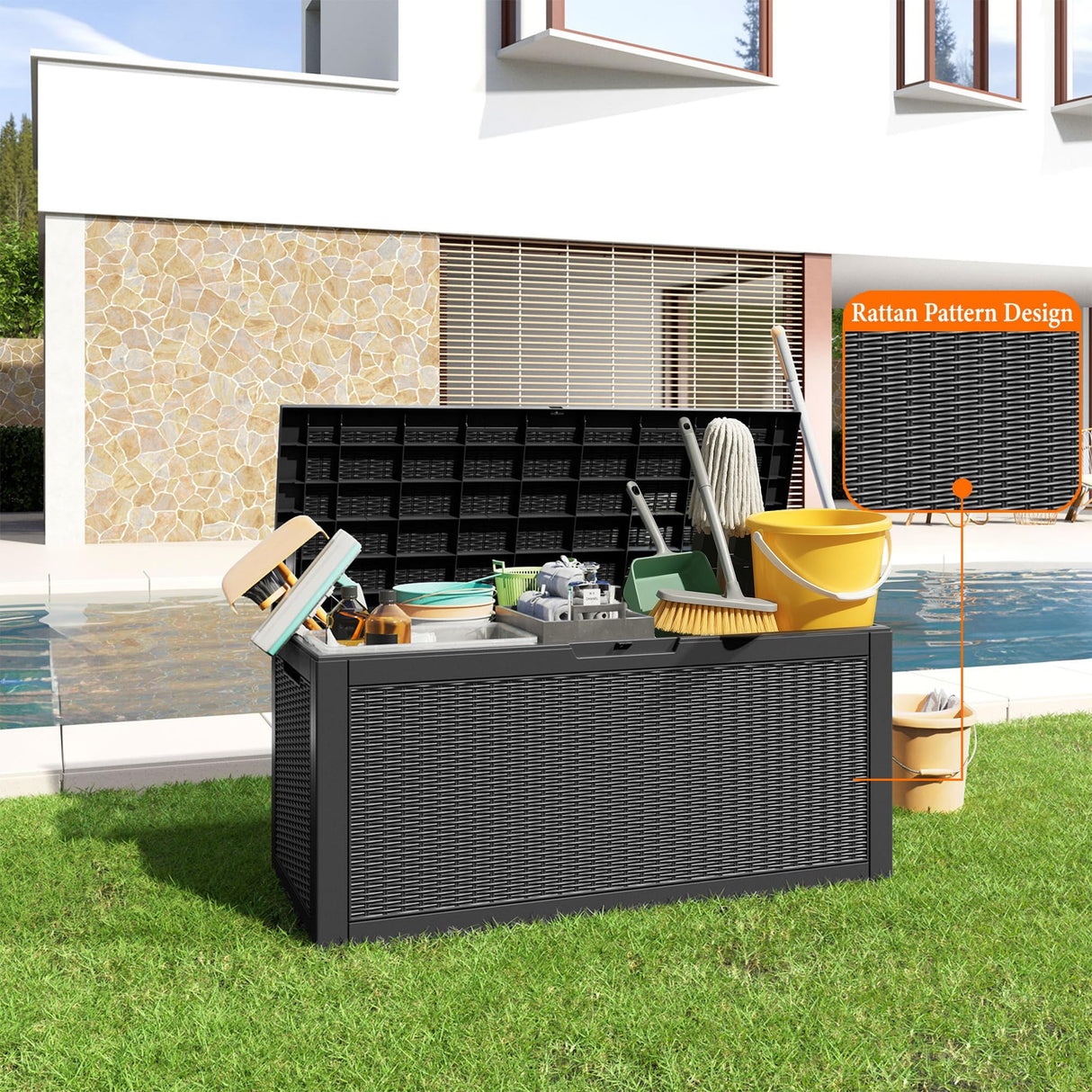 100 Gallon Resin Deck Box, Lockable Patio Outdoor Storage Box for Furniture, Garden Tools and Tools Storage, Waterproof Outside Storage Boxes - Black PatioZen