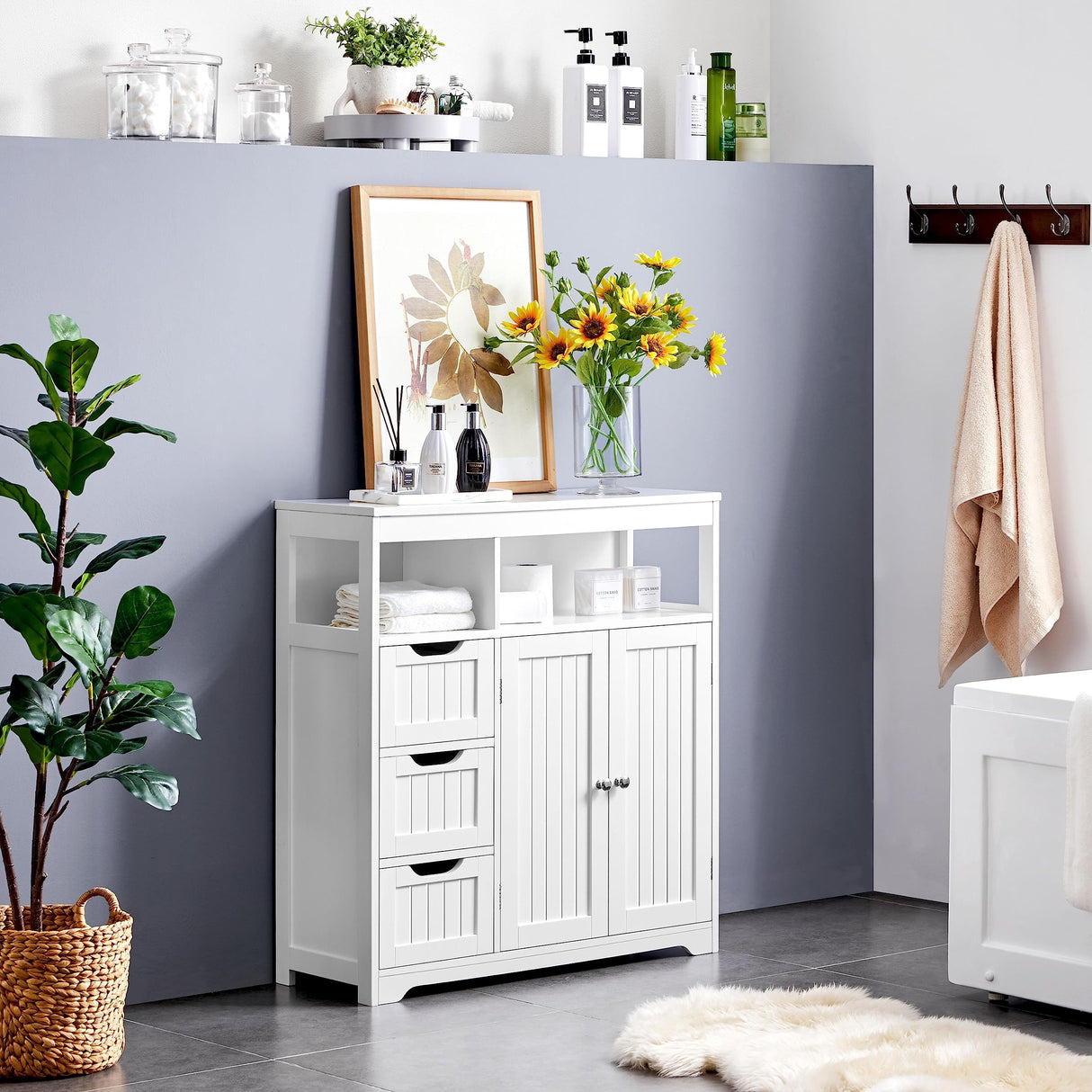 Yaheetech White Wooden Storage Cabinet with 3 Drawers and 2 Open Shelves for Bathroom and Home Organisation Yaheetech