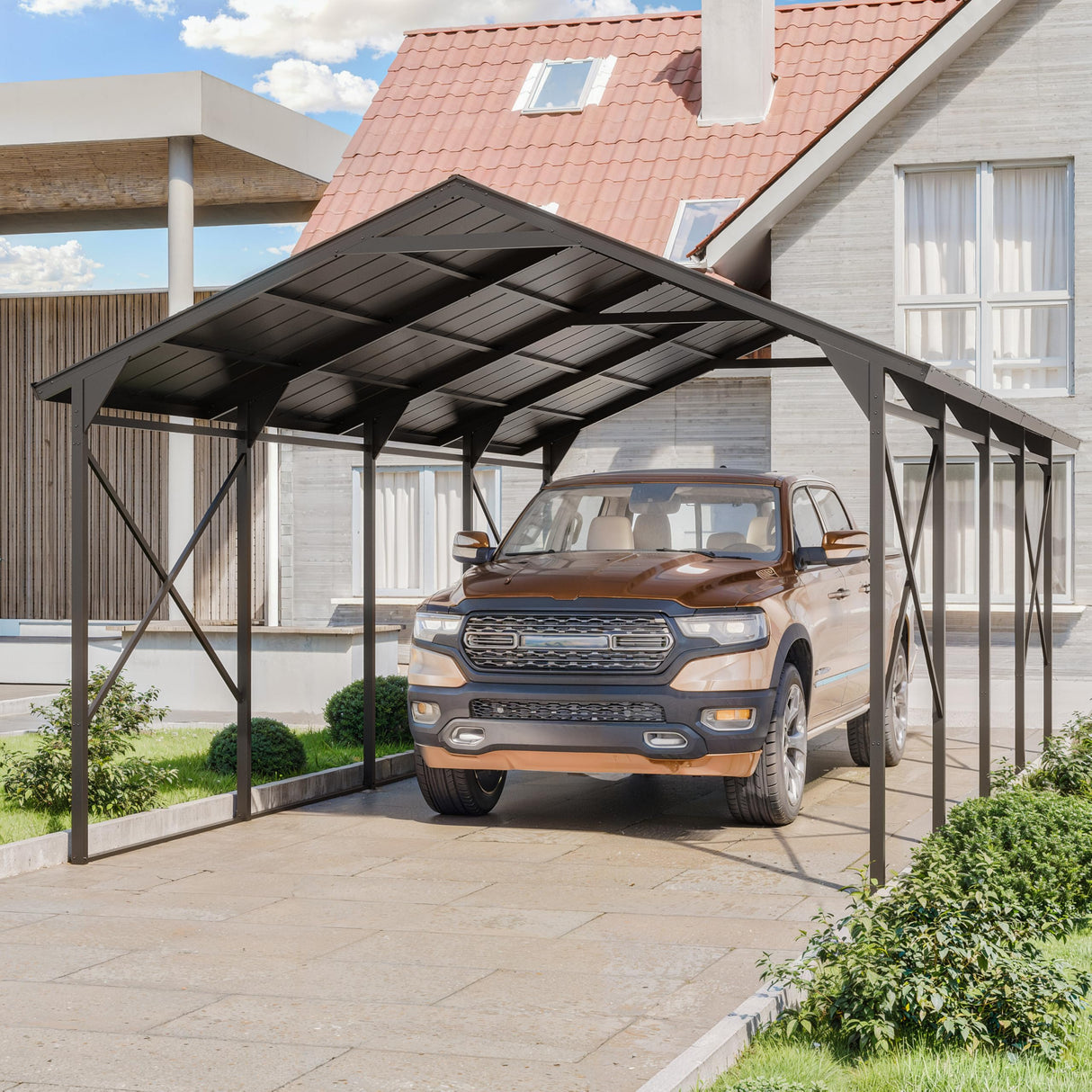 Kurapika 12x22 FT Metal Carport with Reinforced Base Outdoor Heavy Duty Car Port with Galvanized Steel Roof, Garage Car Shelter, Multi-Purpose Carports for Car, Truck and Boats Kurapika