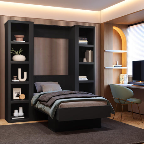 Oakland Living Easy-Lift Twin Murphy Wall Bed in Black with Two Bookshelves Oakland Living