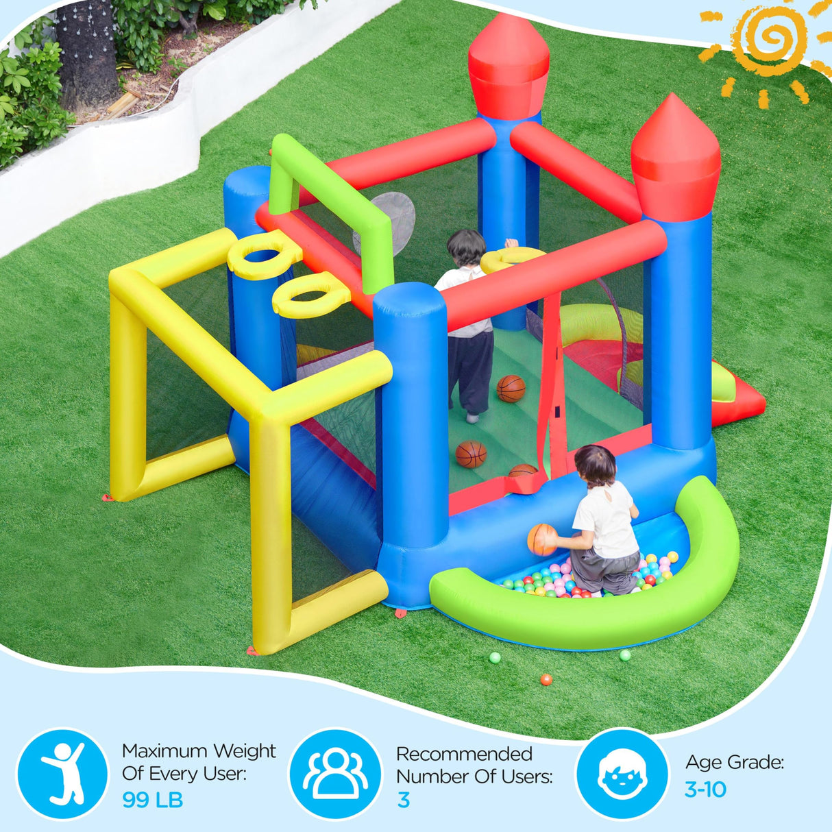 Yaheetech Inflatable Bounce House, 7-in-1 Bouncy Castle Combo w/Ball Pit & 3 Basketball Hoops & Soccer Goal & Dartboard & Slide, for Kids Aged 3-10 w/Storage Bag & 470W Blower Yaheetech
