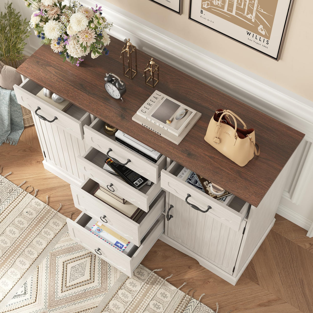 Maupvit Buffet Cabinet, Sideboard Cabinet with 2 Doors and 6 Drawers, Modern Farmhouse Buffet Table with Storage & Adjustable Shelves for Kitchen, Coffee Bar Table for Dining, Living Room (White) Maupvit