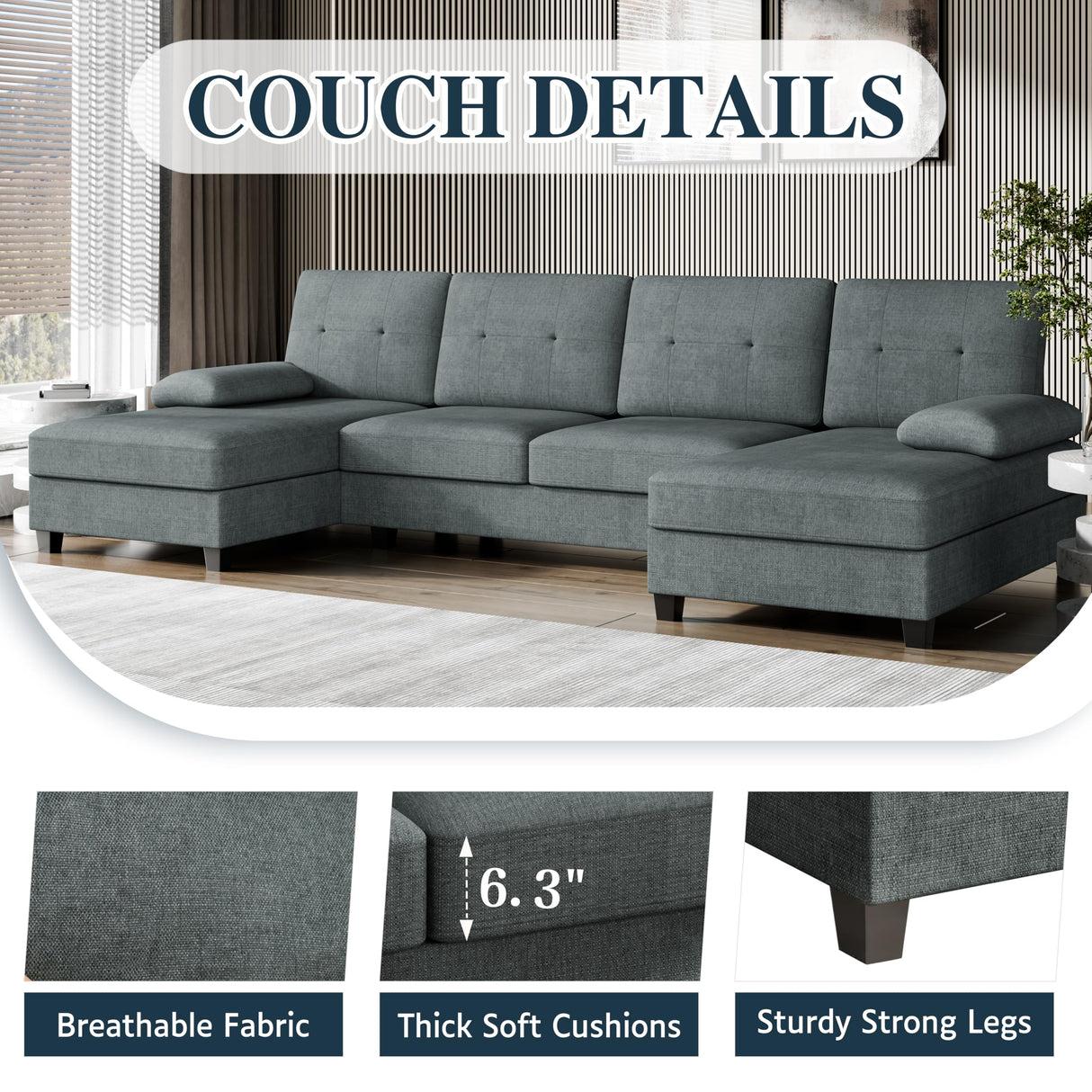 Meilocar Sectional Couches for Living Room, U Shaped Couch 4- Seat Sectional Sofa with Double Chaise, Comfortable Fabric Large Sofa for Apartment (Grey) Meilocar